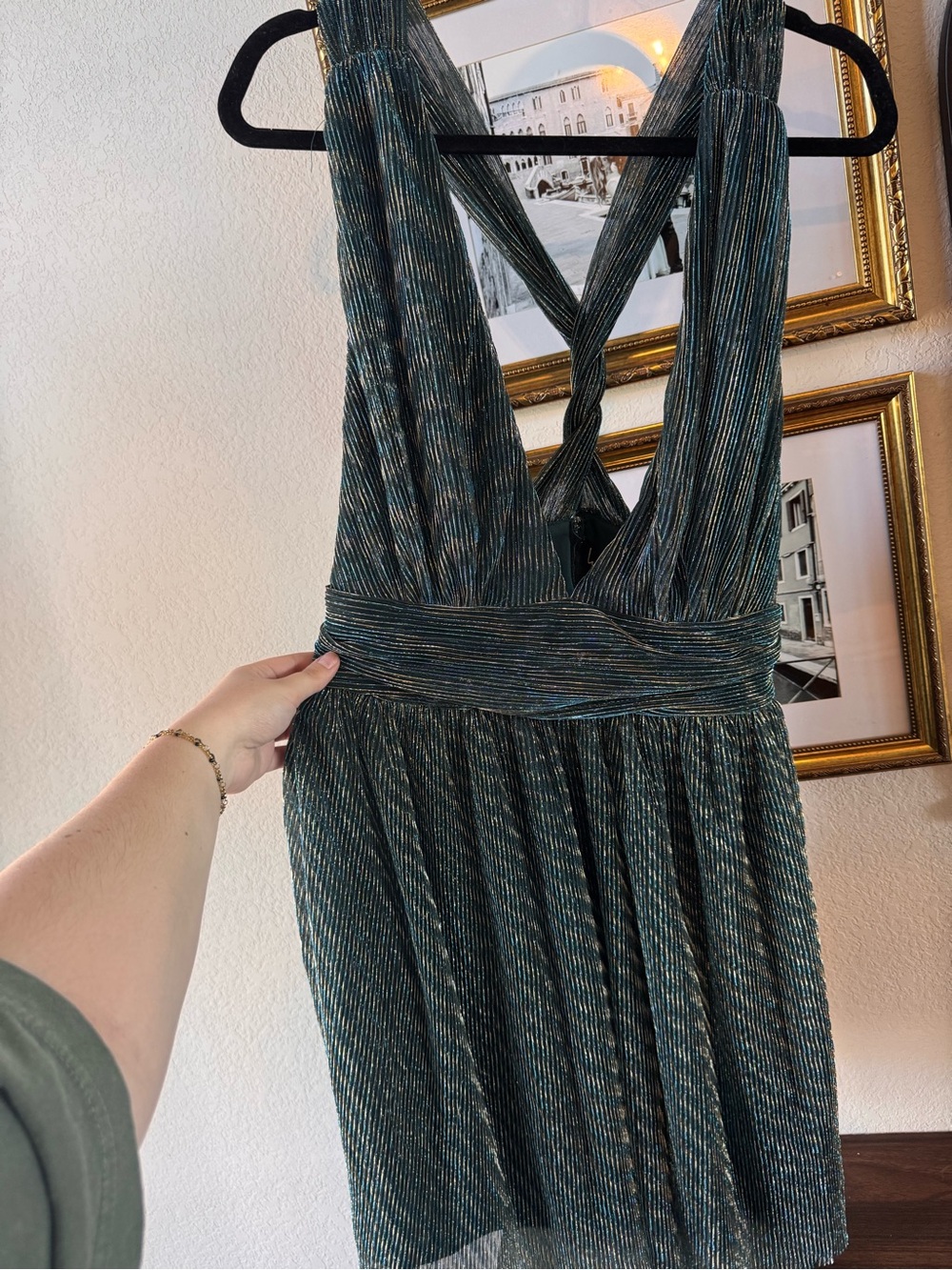 Lulu's Metallic Teal Pleated Backless V-Neck Dress